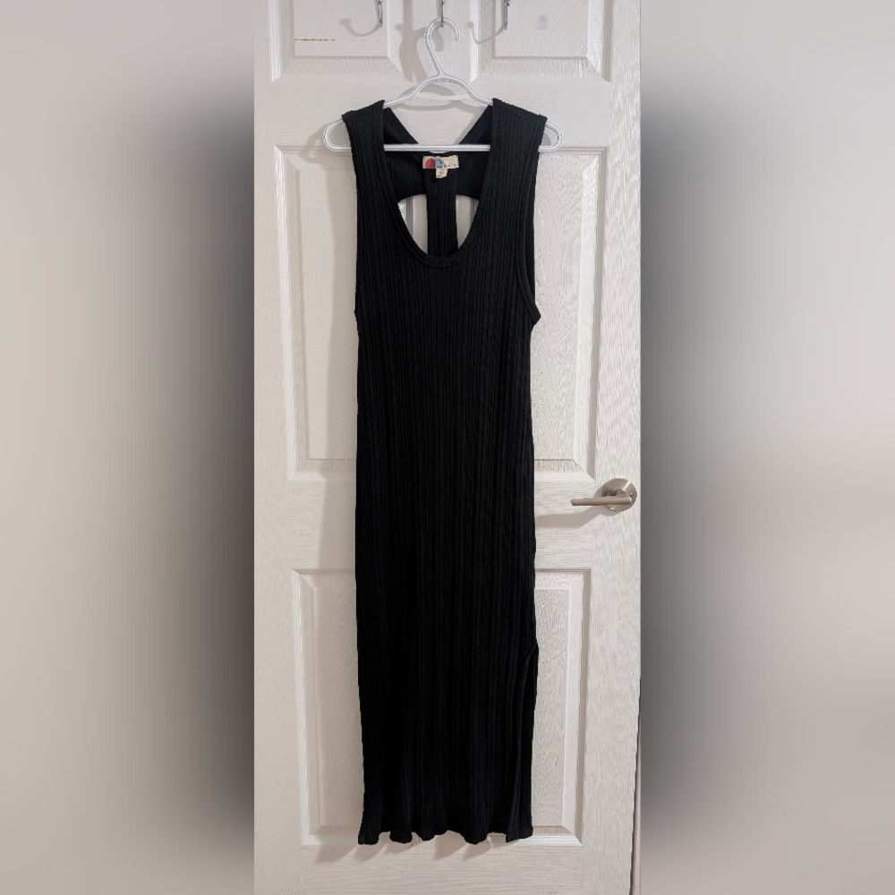 Free People Beach Black Ribbed Maxi Dress 100% Cotton Open Back Side Slit Size L